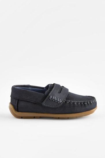 Navy Standard Fit (F) Leather Penny Loafers with Touch and Close Fastening