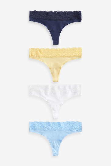 White/Yellow/Blue Thong Cotton and Lace Knickers 4 Pack