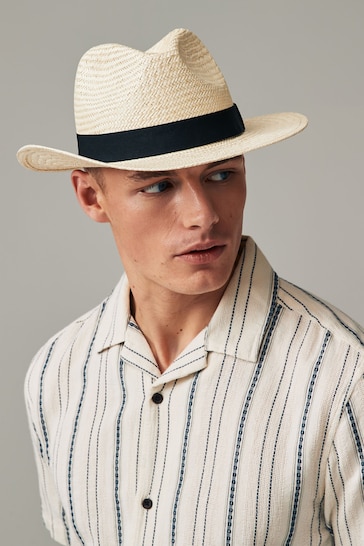 White Straw Panama with Navy Blue Band Hat