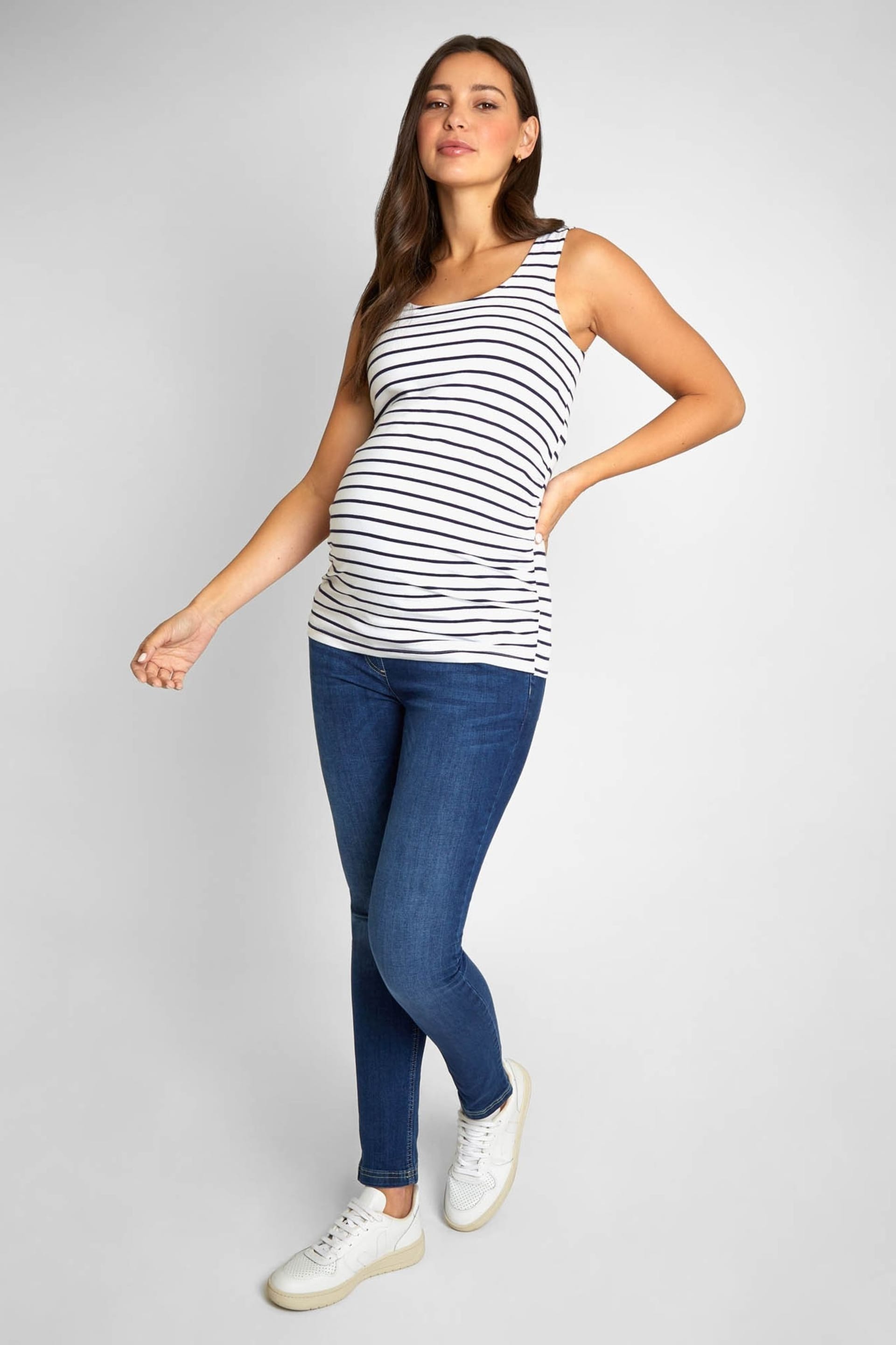 JoJo Maman Bébé Navy Blue & White Navy Blue Stripe 2-Pack Ruched Maternity Vest Tops - Image 8 of 9