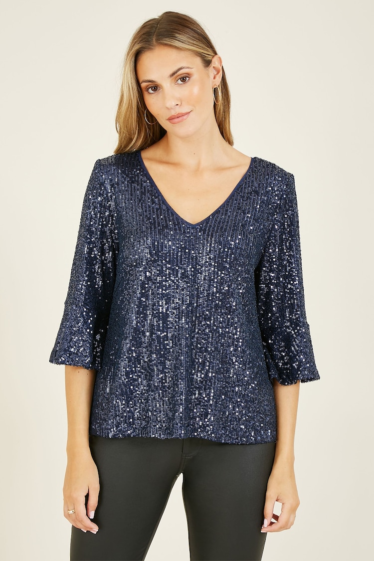 Yumi Blue Sequin Top With Fluted Sleeve - Image 1 of 5