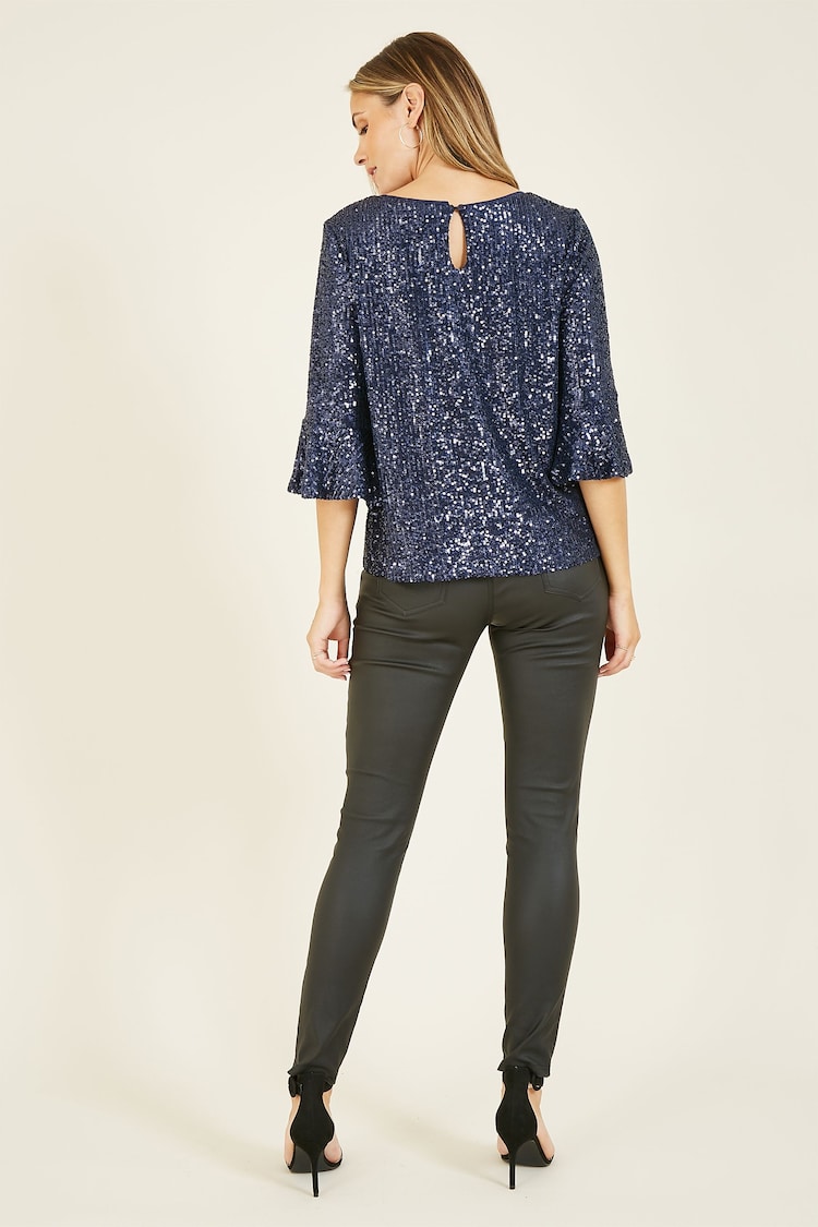 Yumi Blue Sequin Top With Fluted Sleeve - Image 2 of 5