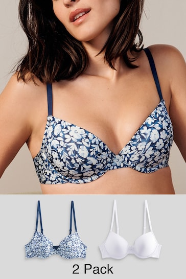 Blue Ditsy Floral Print/White Light Pad Plunge Smoothing T-Shirt Bras 2 Pack