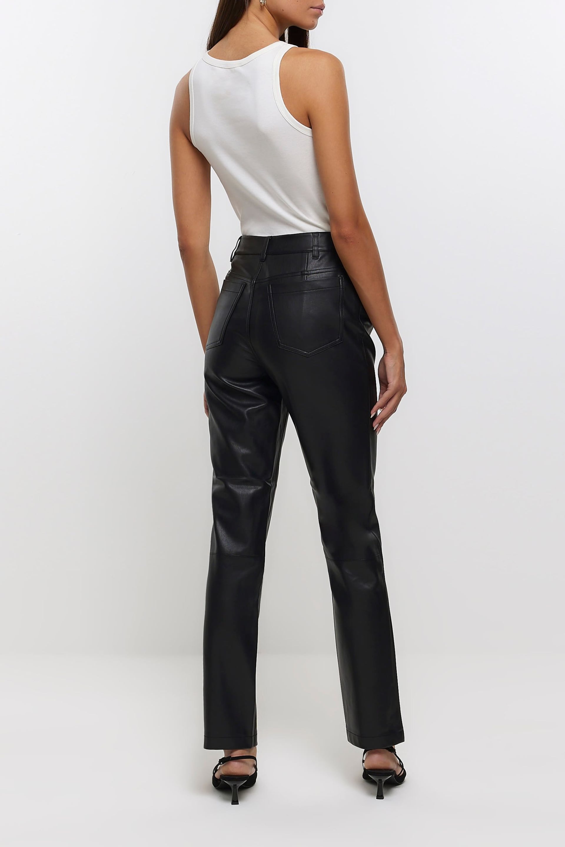 River Island Black Faux Leather Straight Leg Trousers - Image 2 of 4