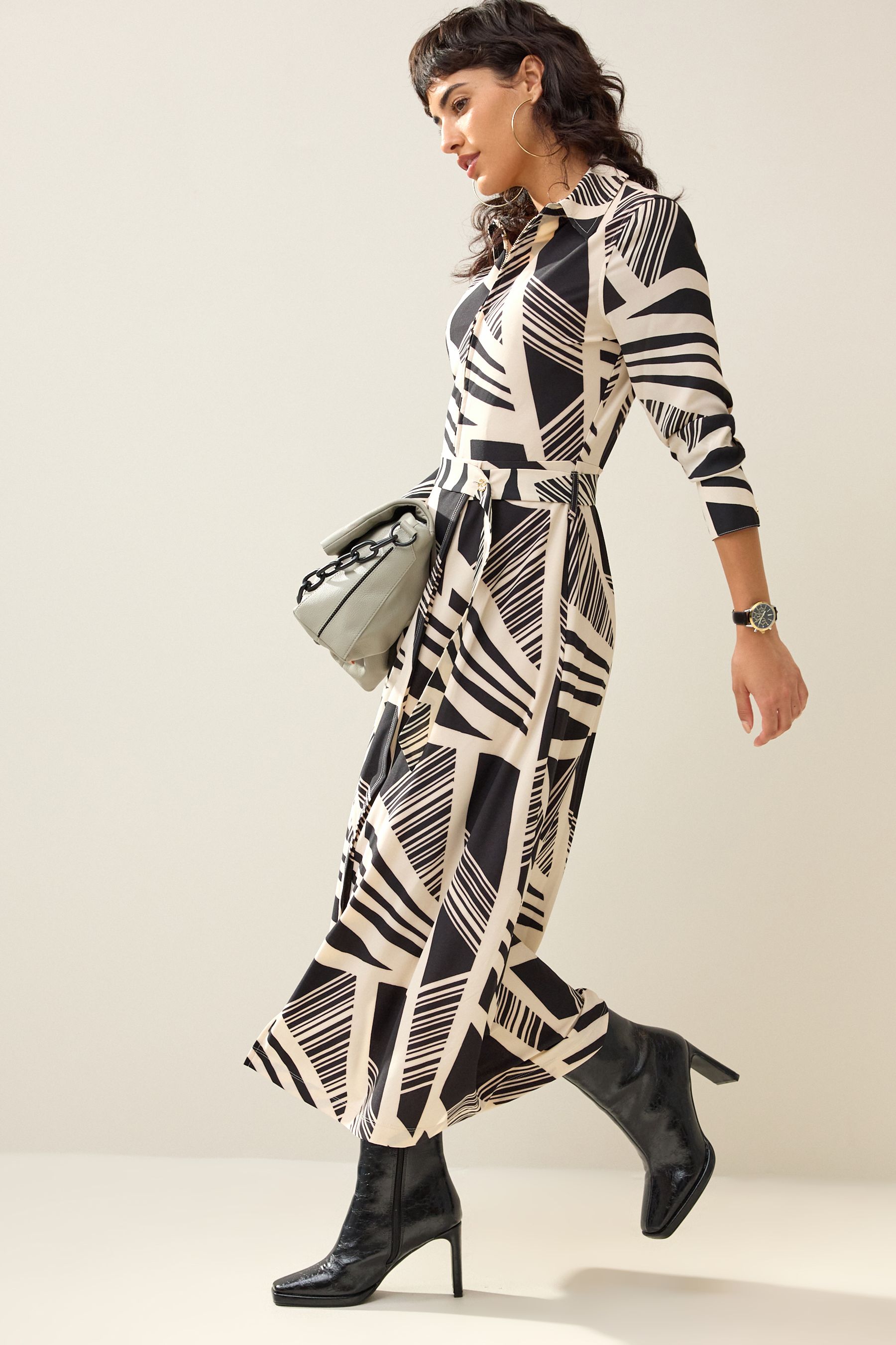 Buy Black Cream Print Long Sleeve Zip Front Belted Midi Dress from Next Luxembourg