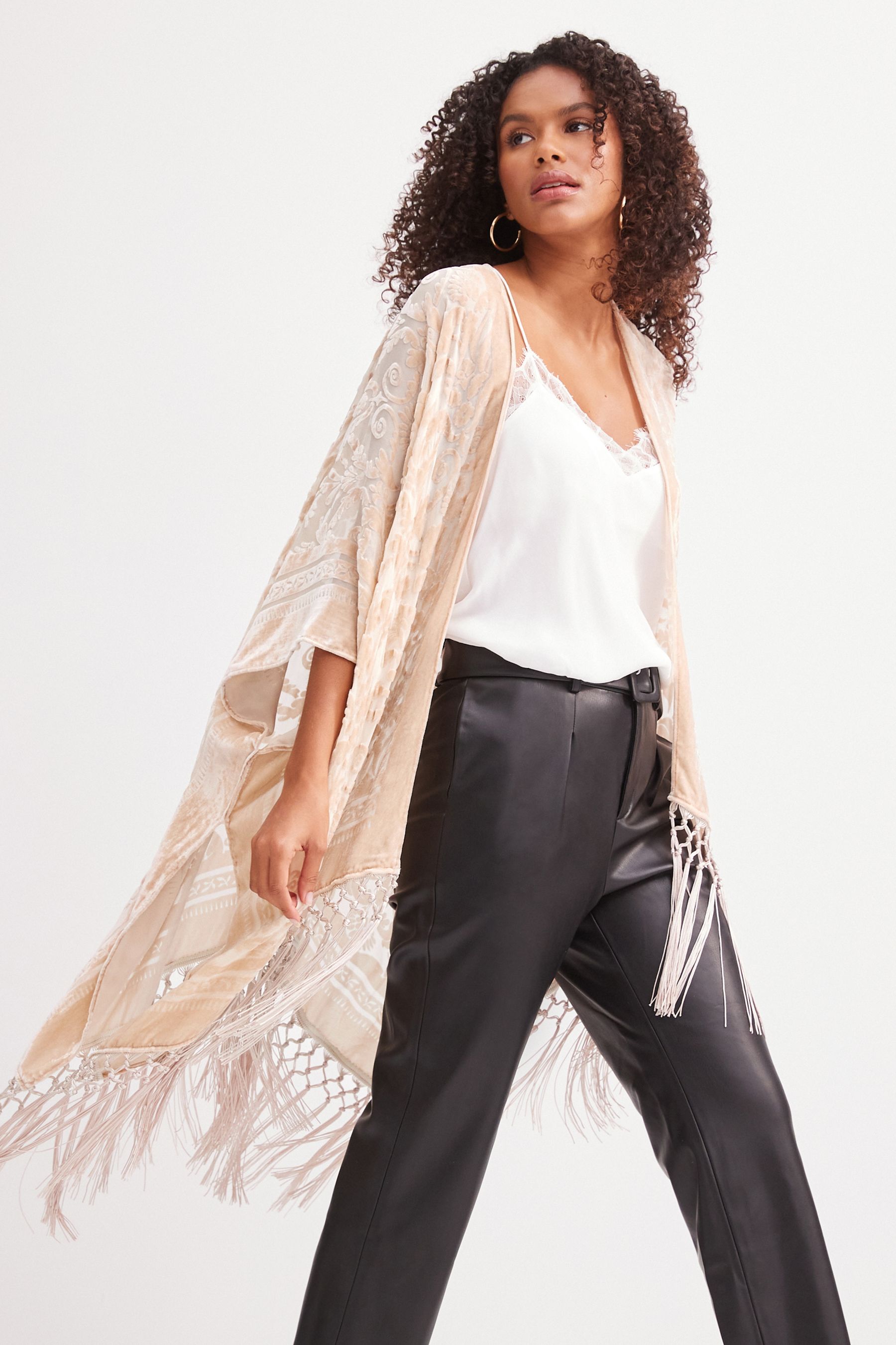 Buy Champagne Gold Velvet Fringe Kimono Jacket Containing Silk from Next Luxembourg