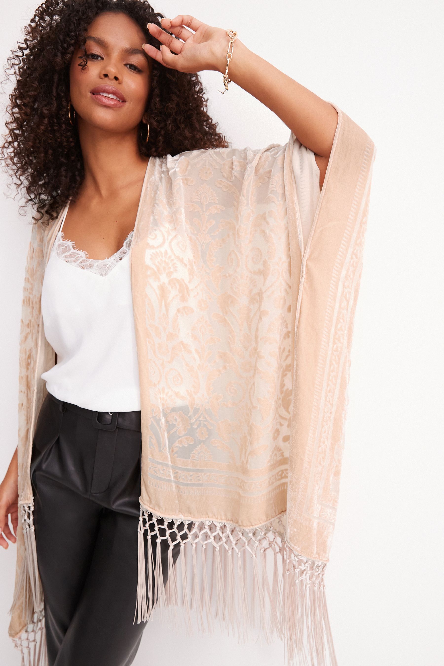 Buy Champagne Gold Velvet Fringe Kimono Jacket Containing Silk from Next Luxembourg