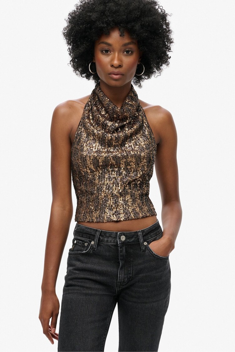 Superdry Gold Cowl Halter Neck Sequin Blouses - Image 1 of 6