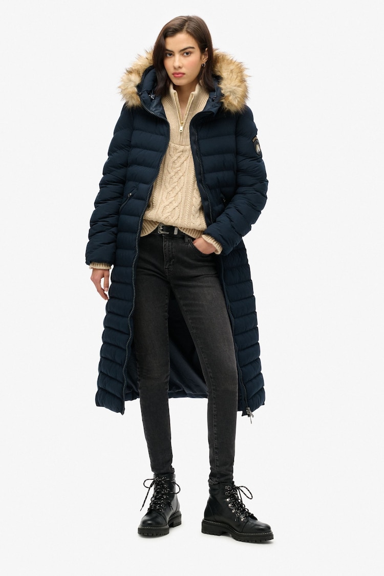 Superdry Eclipse Navy Fuji Faux Fur Hooded Longline Coats - Image 1 of 5