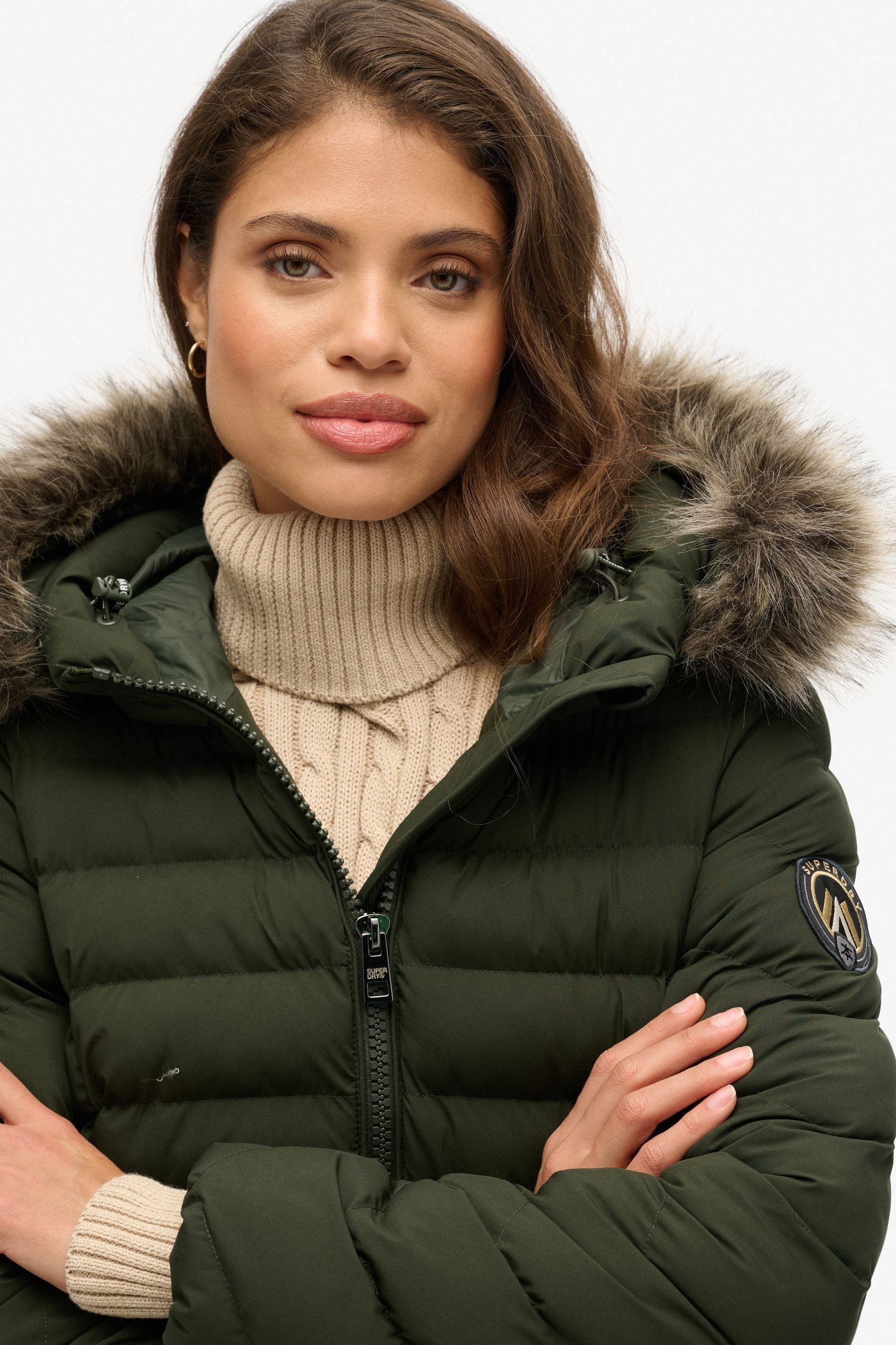 Buy Superdry Olive Green Fuji Faux Fur Hood Padded Mid Length Jacket from the Next UK online shop