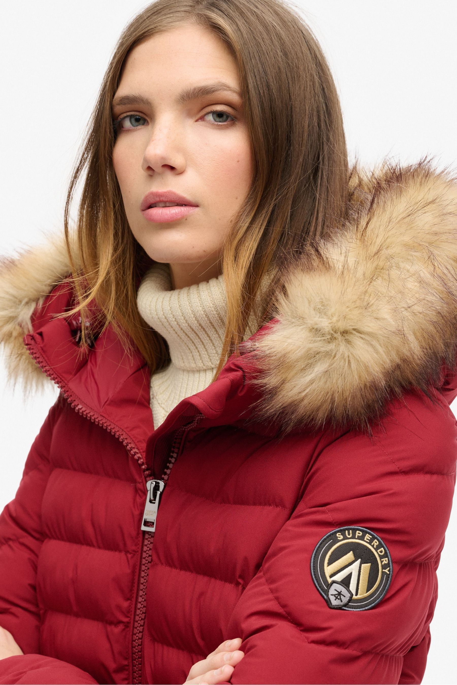 Womens red padded jacket with fur hood top