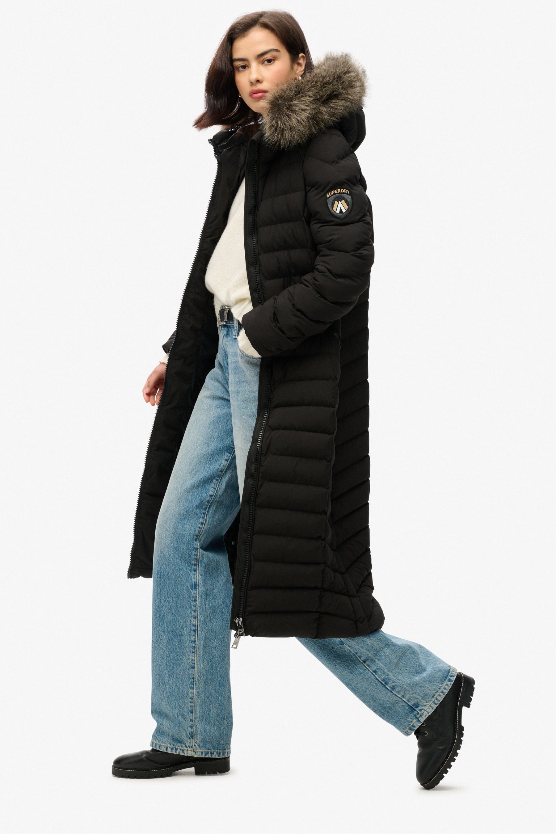 Superdry Black Fuji Faux Fur Hooded Longline Coat 8 Womens