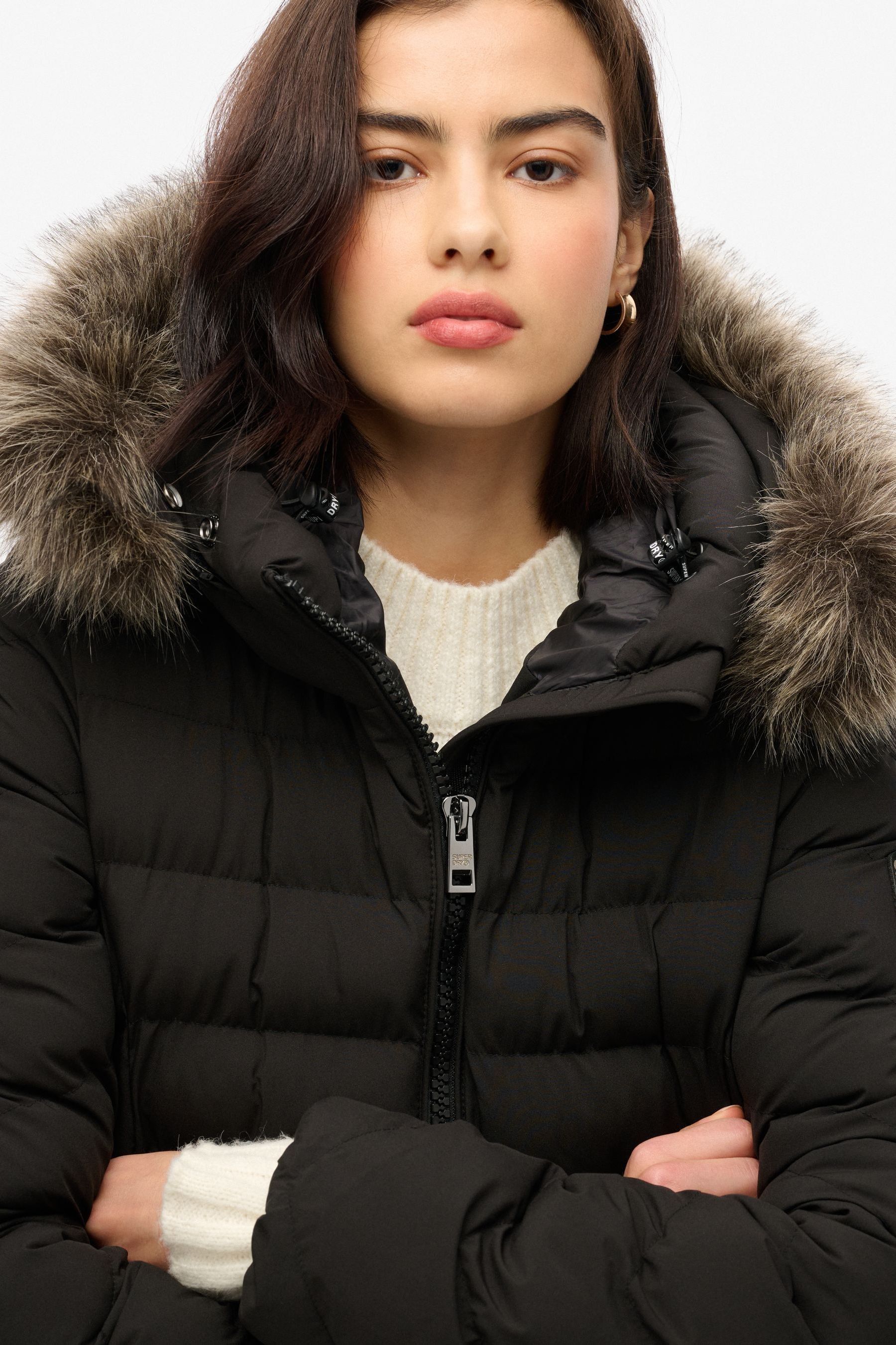 Superdry Black Fuji Faux Fur Hooded Longline Coat 8 Womens