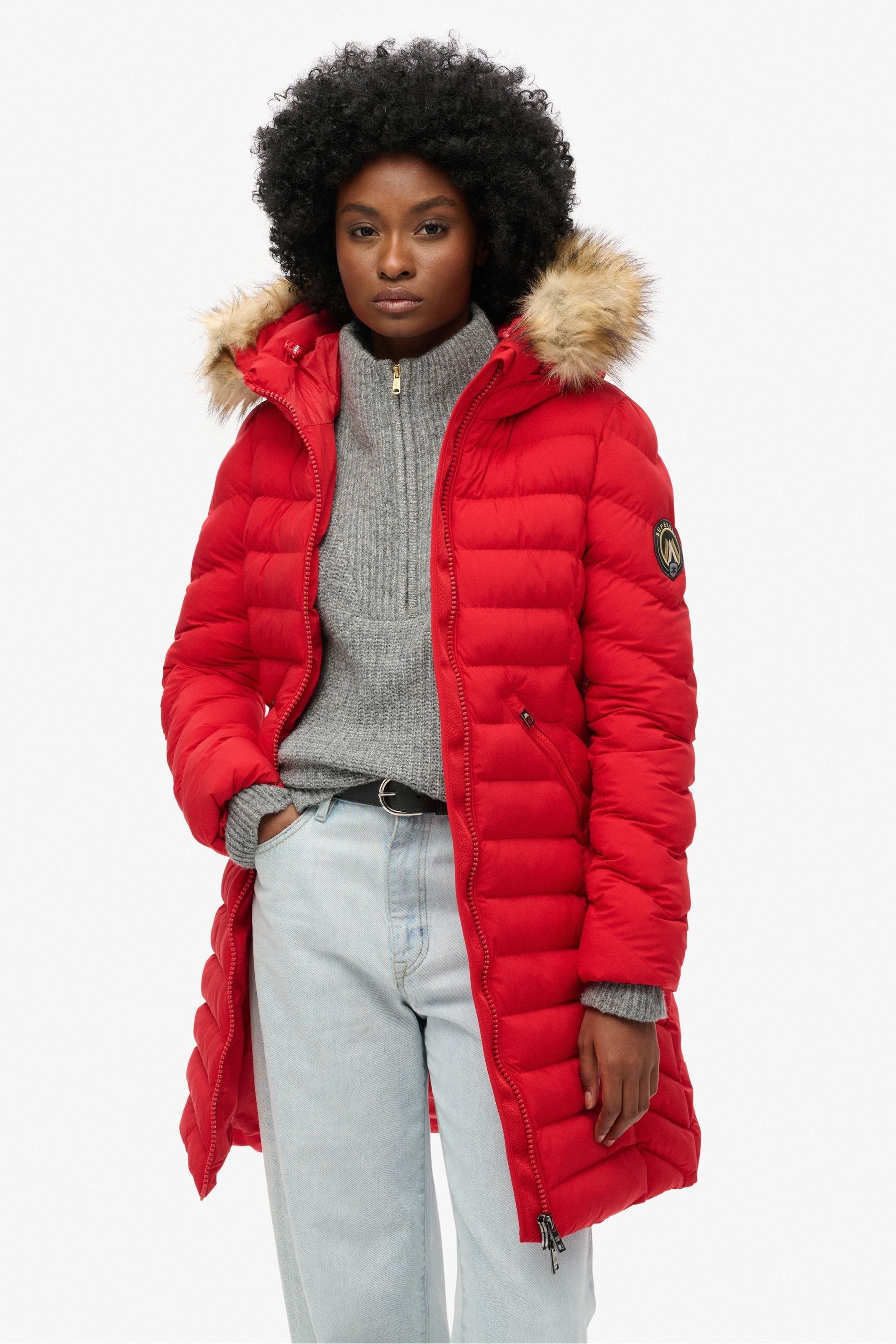 Buy Superdry Red Fuji Faux Fur Hood Padded Mid Length Jacket from the Next UK online shop