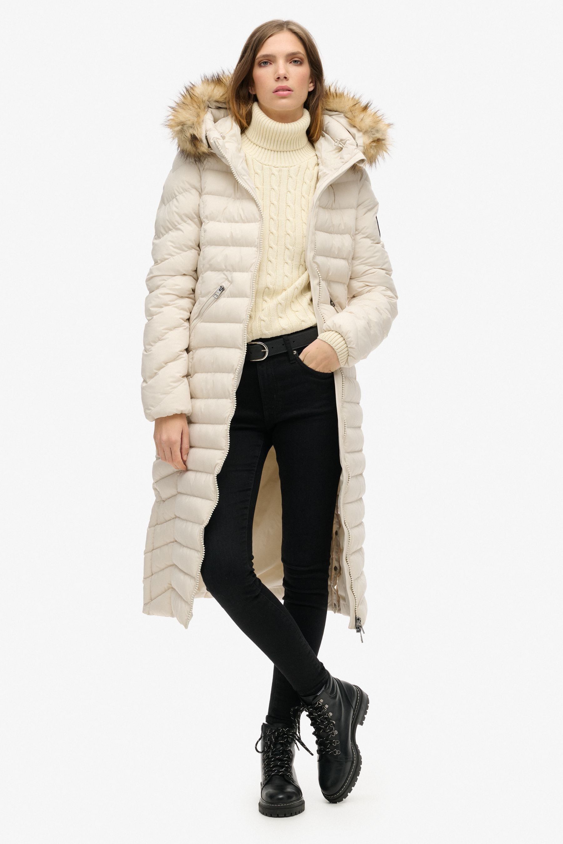 Longline coat with fur hood hot sale