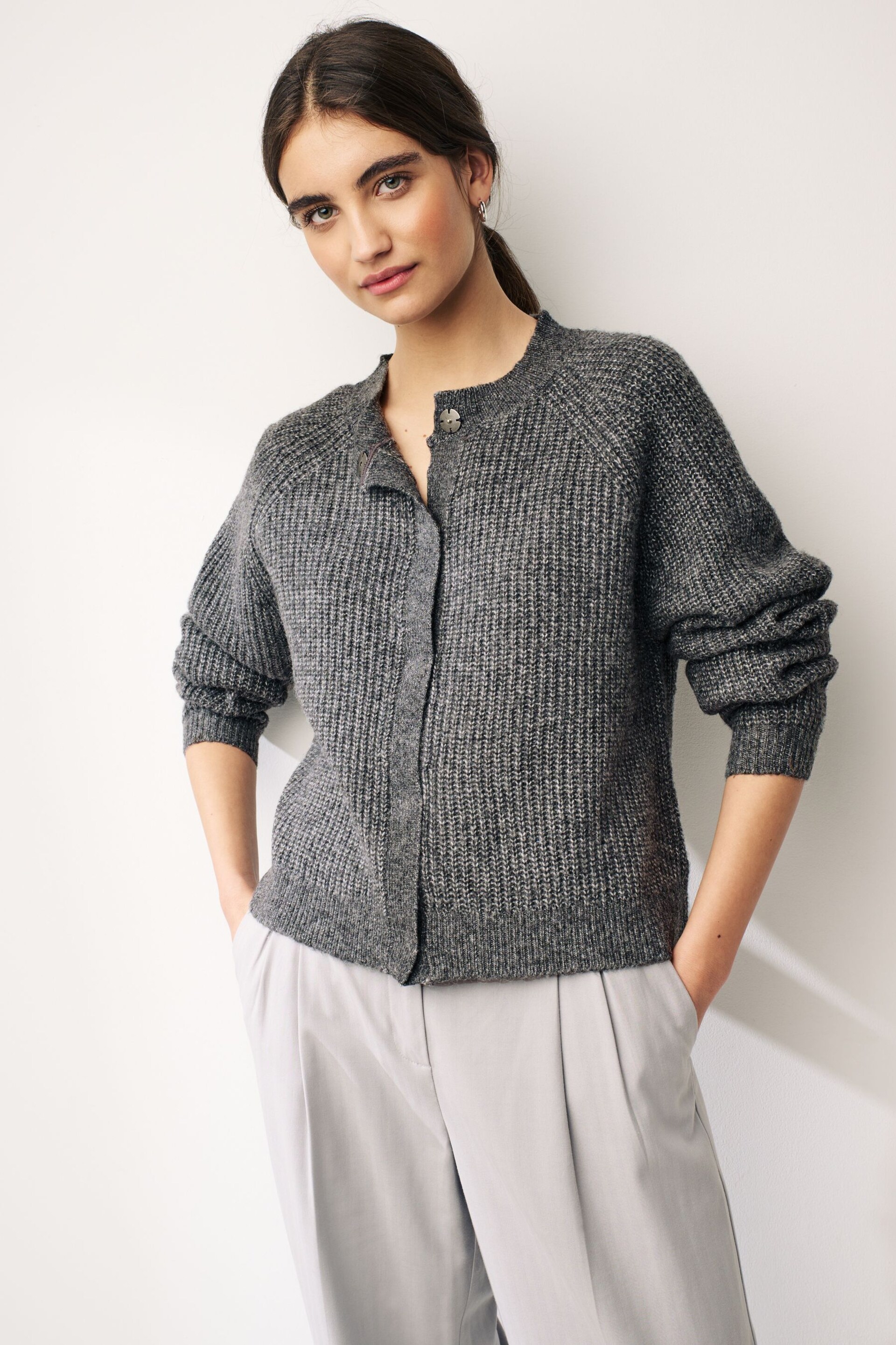 Charcoal Grey Rib Cardigan - Image 1 of 6