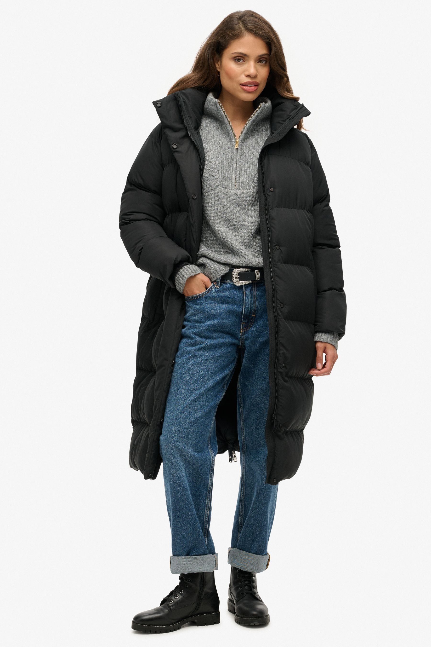 Superdry Black Longline Hooded Puffer Coats 10 Womens