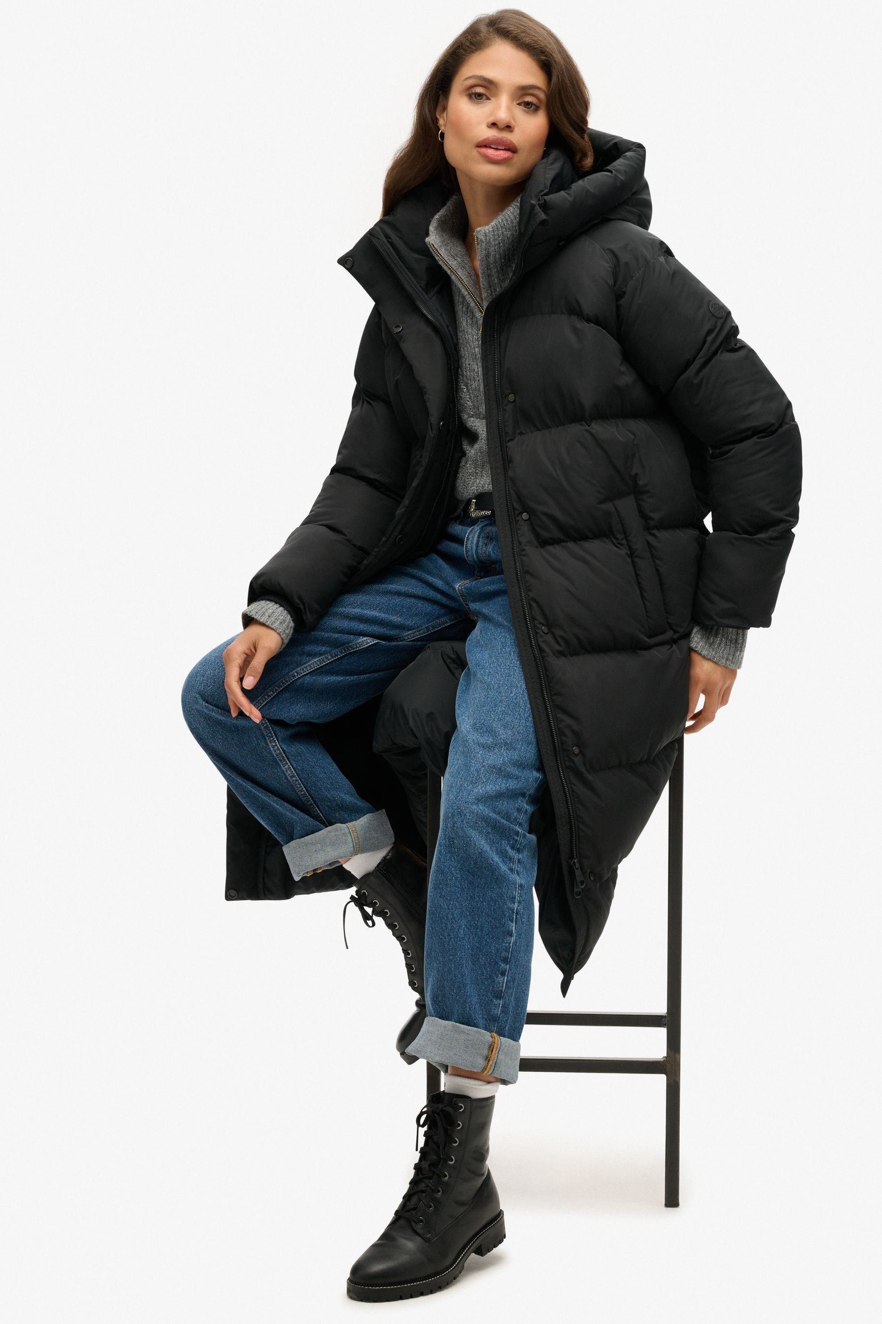 Superdry Black Longline Hooded Puffer Coats 10 Womens