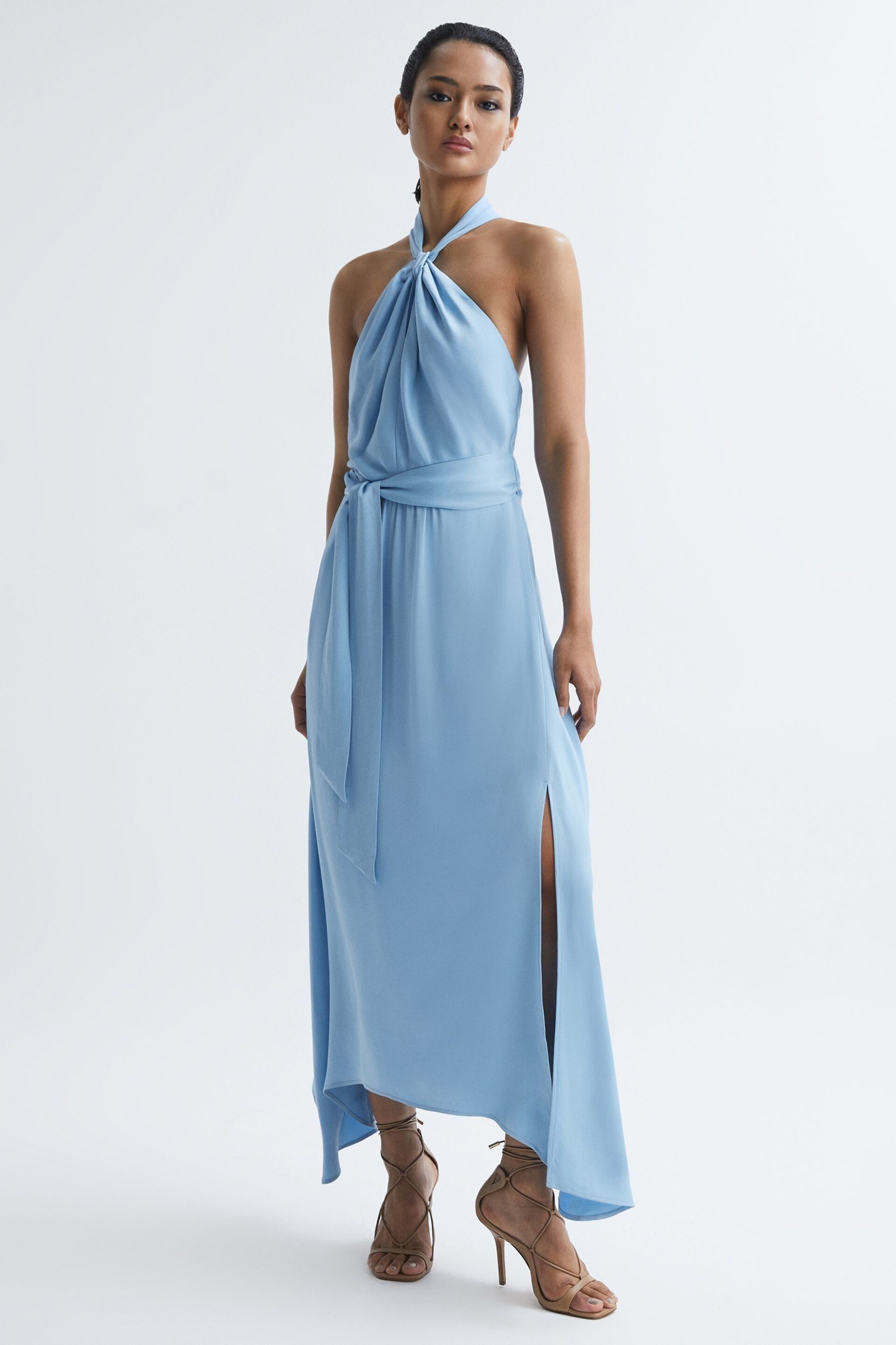 Reiss Blue Evelyn Fitted Halter Neck Midi Dress - Image 1 of 7