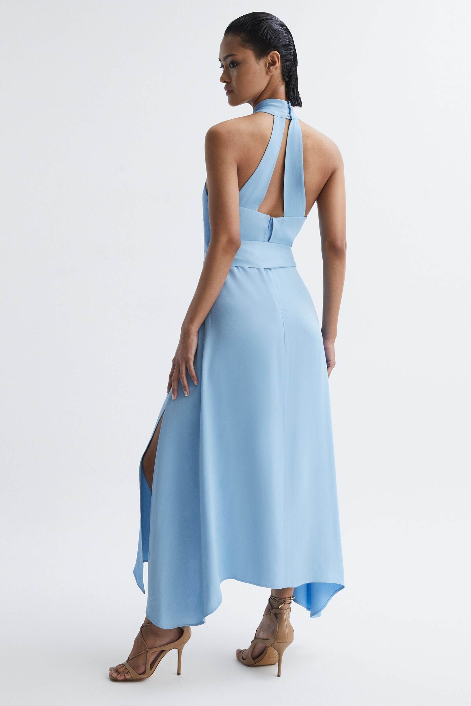 Reiss Blue Evelyn Fitted Halter Neck Midi Dress - Image 5 of 7