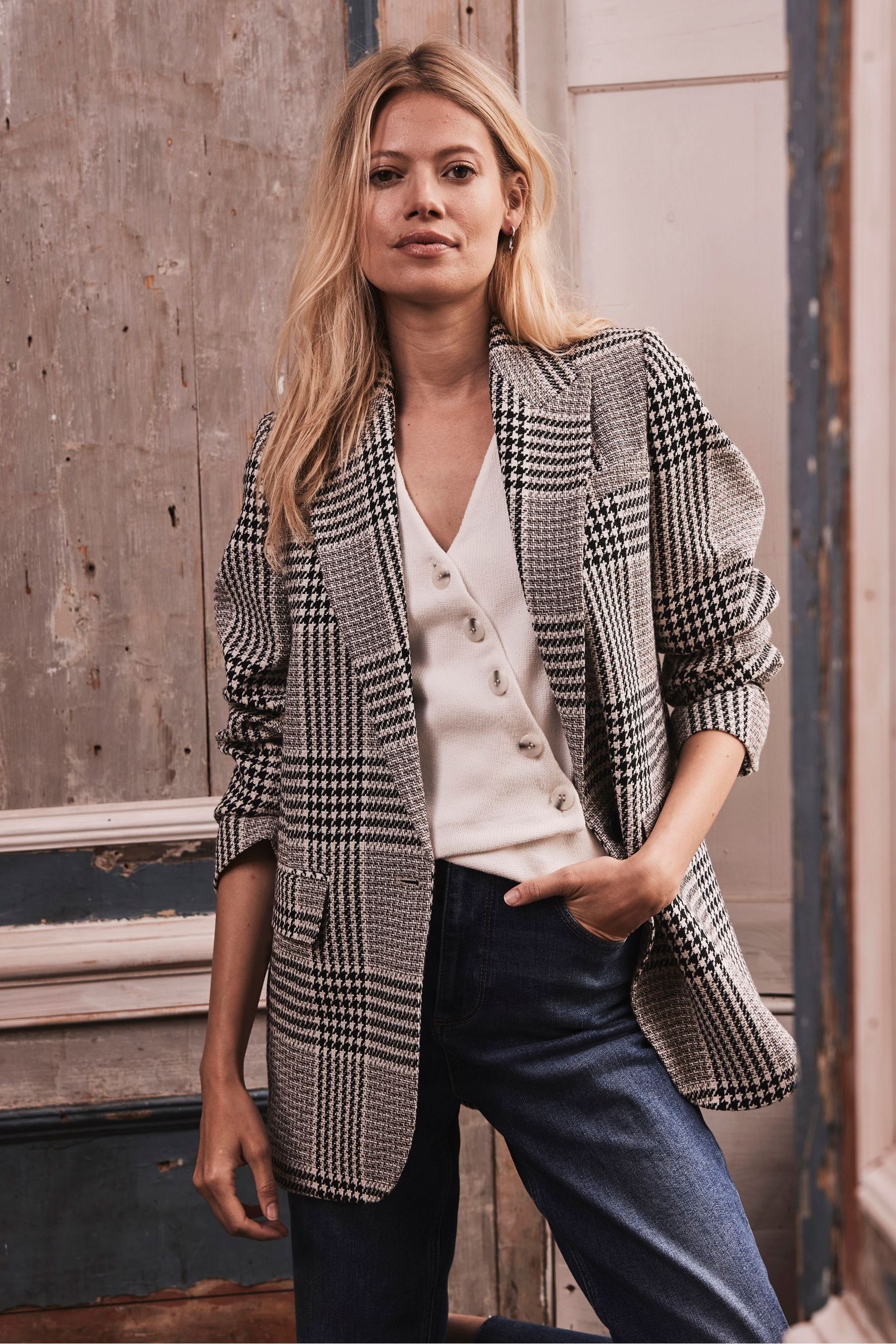 Cream checked blazer shop