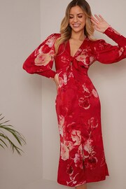 Chi Chi London Red V-Neck Puff Sleeve Floral Midi Dress - Image 3 of 3