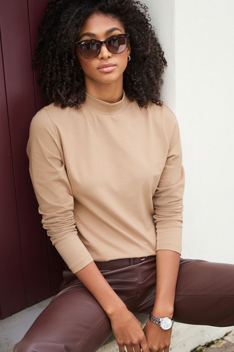 Neutral High Neck Long Sleeve 100% Cotton Top - Image 1 of 5