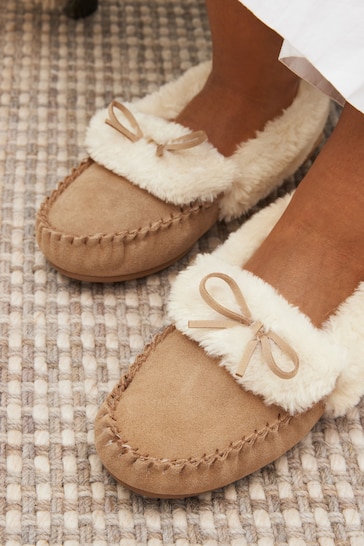 Tan Brown Suede Moccasin Slippers