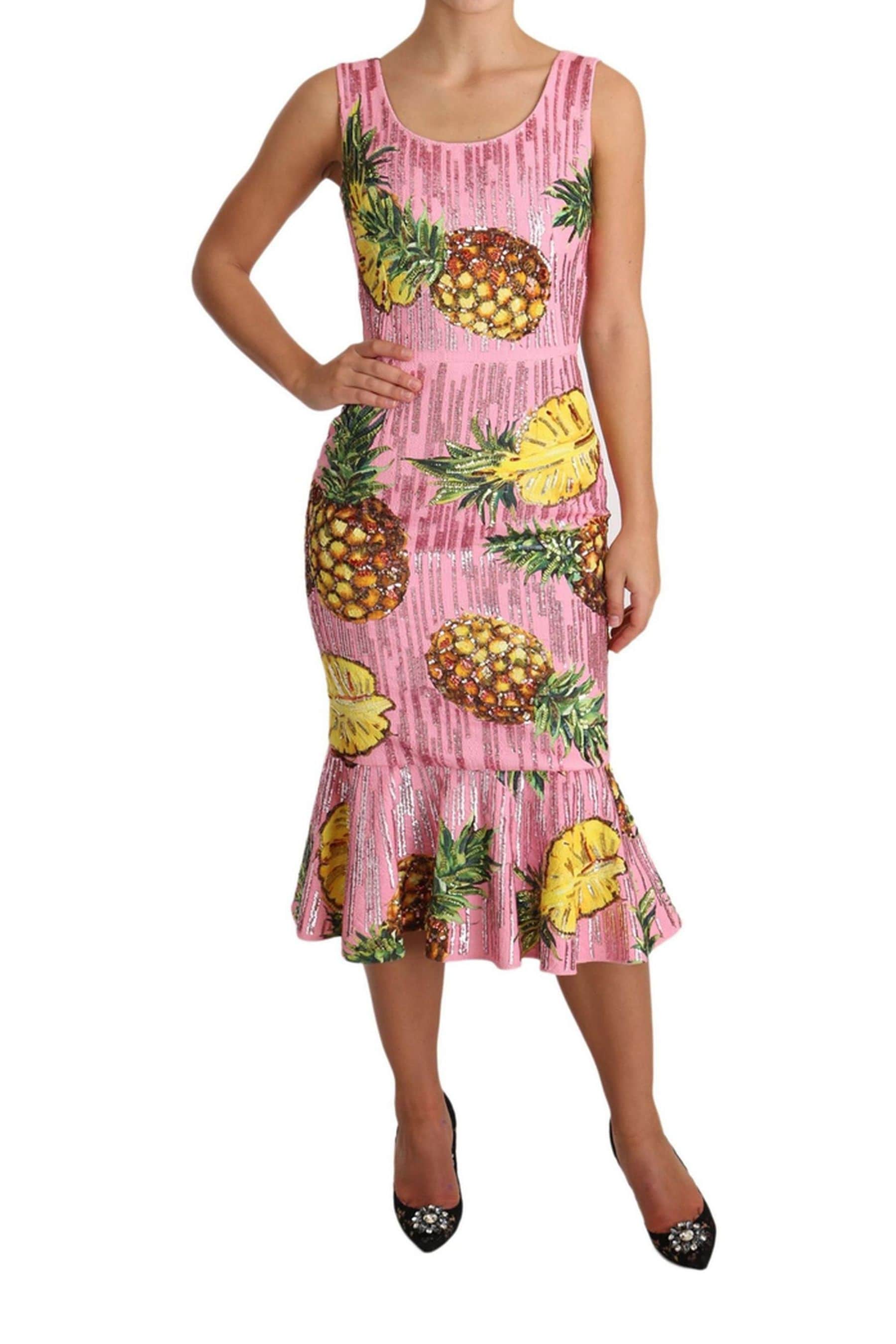 Buy Dolce Gabbana Pink Midi Dress with Pineapple Print Sequins