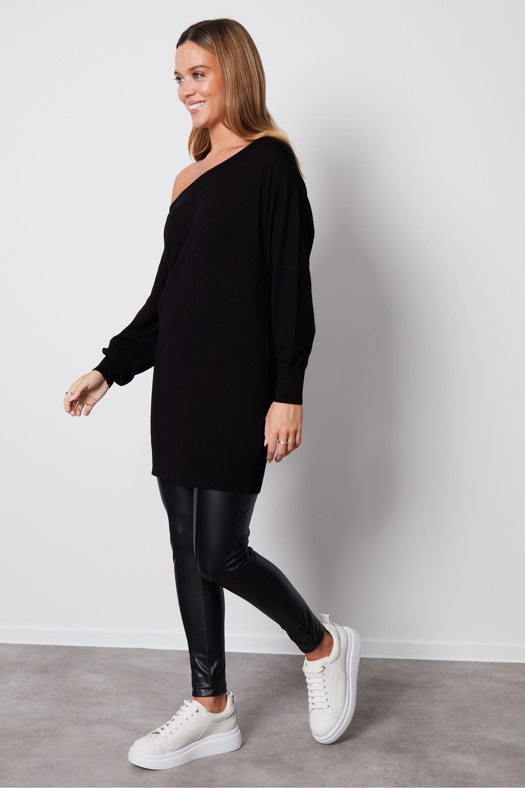 Threadbare Black Slash Neck Tunic Jumper