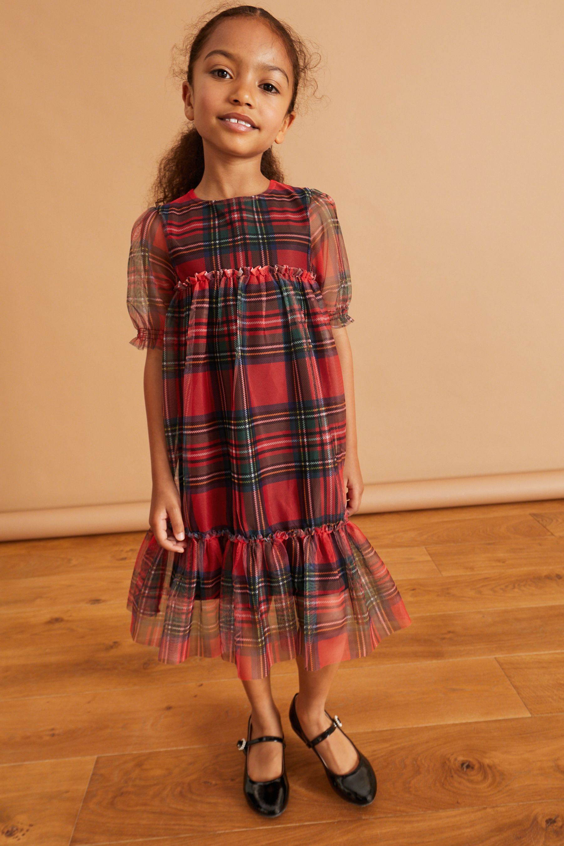 Buy Red Black Check Short Sleeve Tiered Mesh Party Dress 3 16yrs from Next Luxembourg
