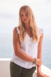 White Linen Blend Ruffle Sleeve Top - Image 1 of 7
