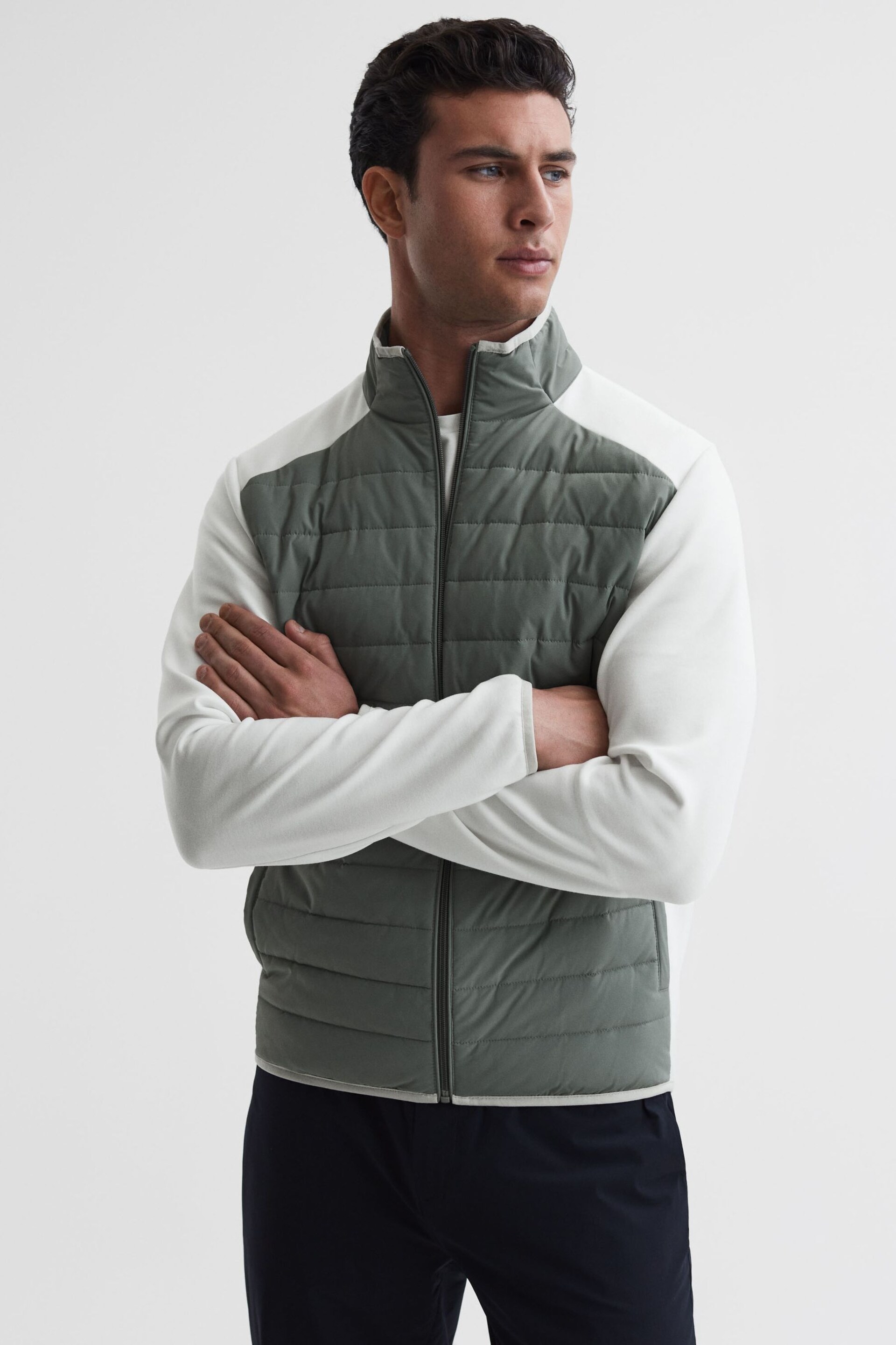 Reiss Sage/White Player Funnel Neck Hybrid Quilted Jacket - Image 1 of 7