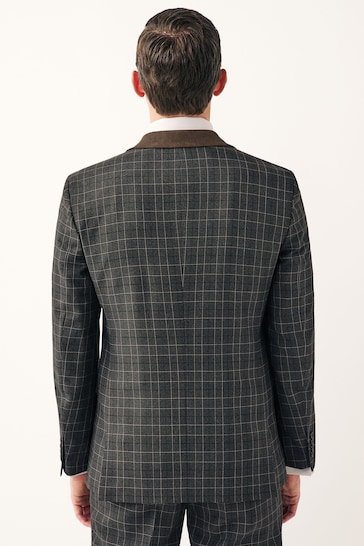 Charcoal Grey Tailored Tailored Fit Trimmed Check Suit Jacket