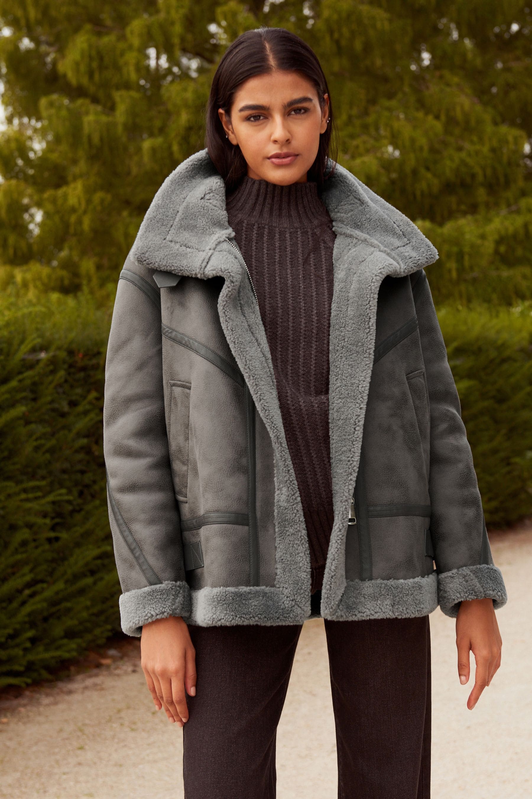 Buy Grey Faux Suede Longline Aviator Jacket from Next Luxembourg
