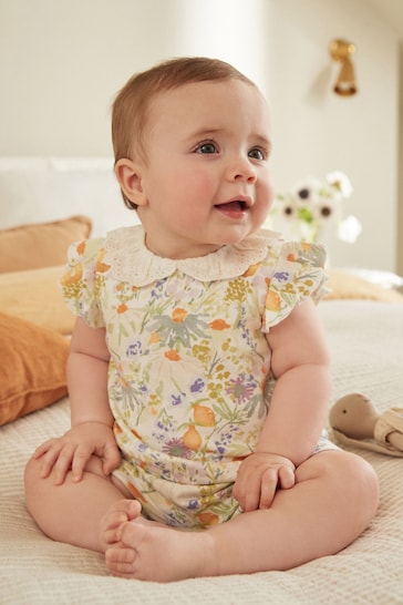 Blue/Yellow Collared Floral Baby Jersey Romper
