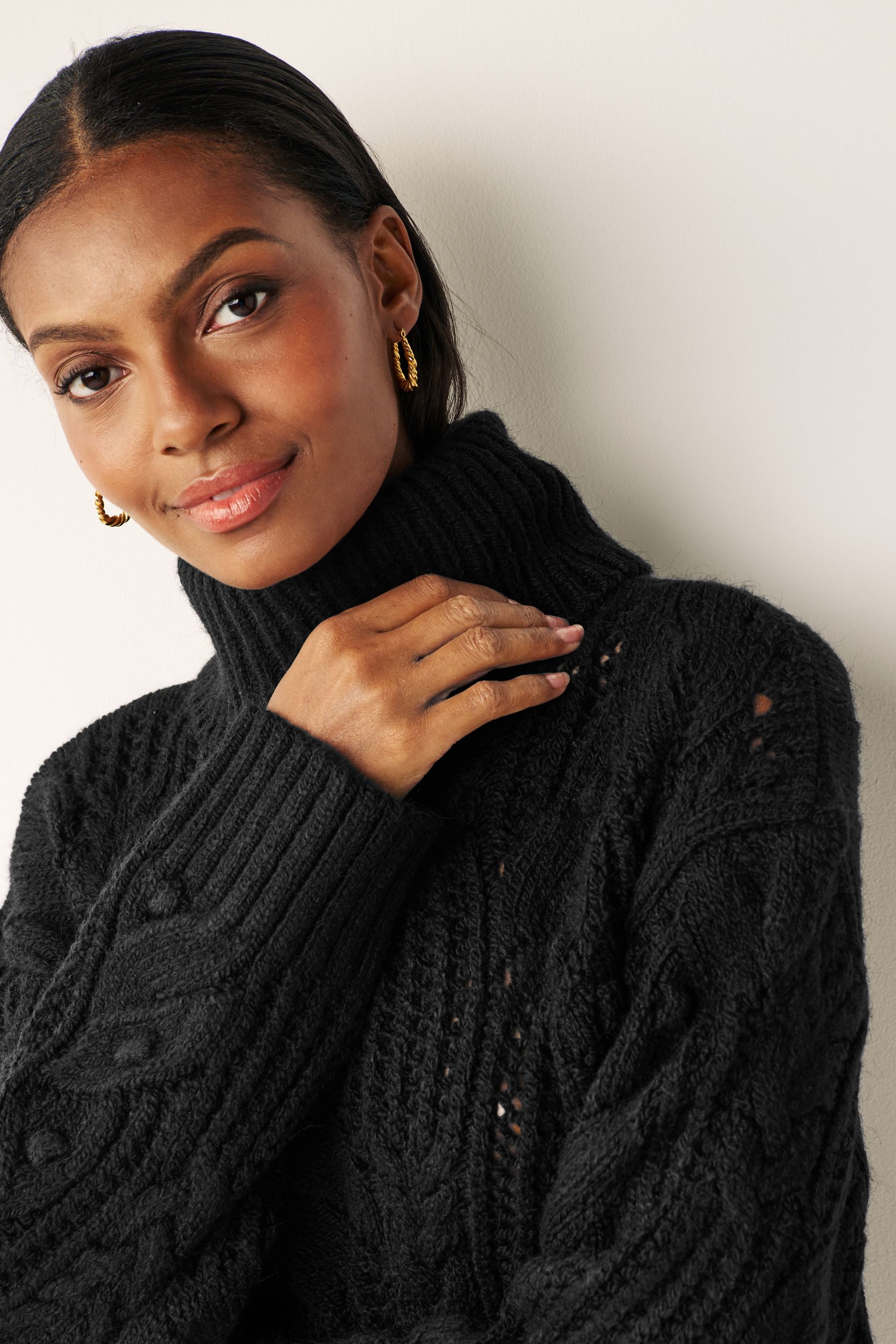 Buy Black Crochet Open Stitch Roll Neck Jumper from the Next UK