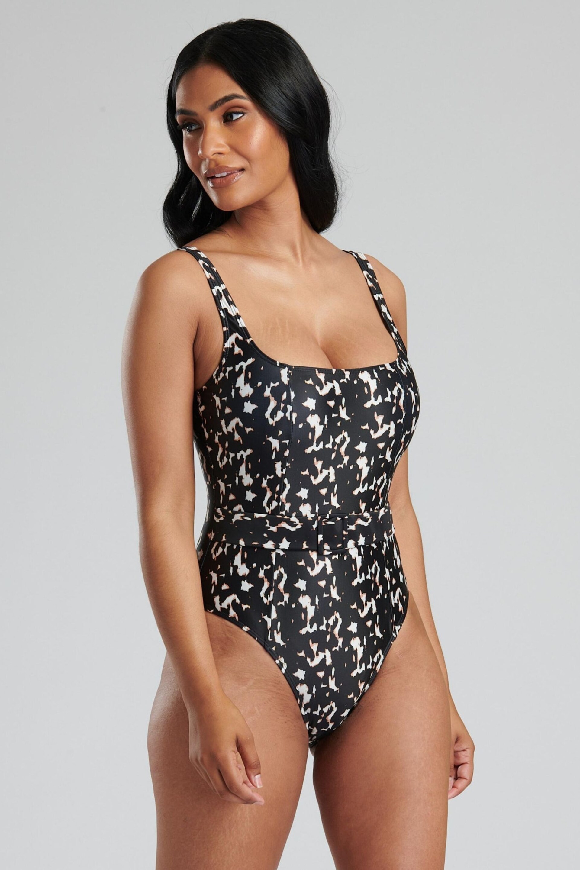 South Beach Black Animal Tummy Control  Swimsuit with Belt and Buckle - Image 3 of 6