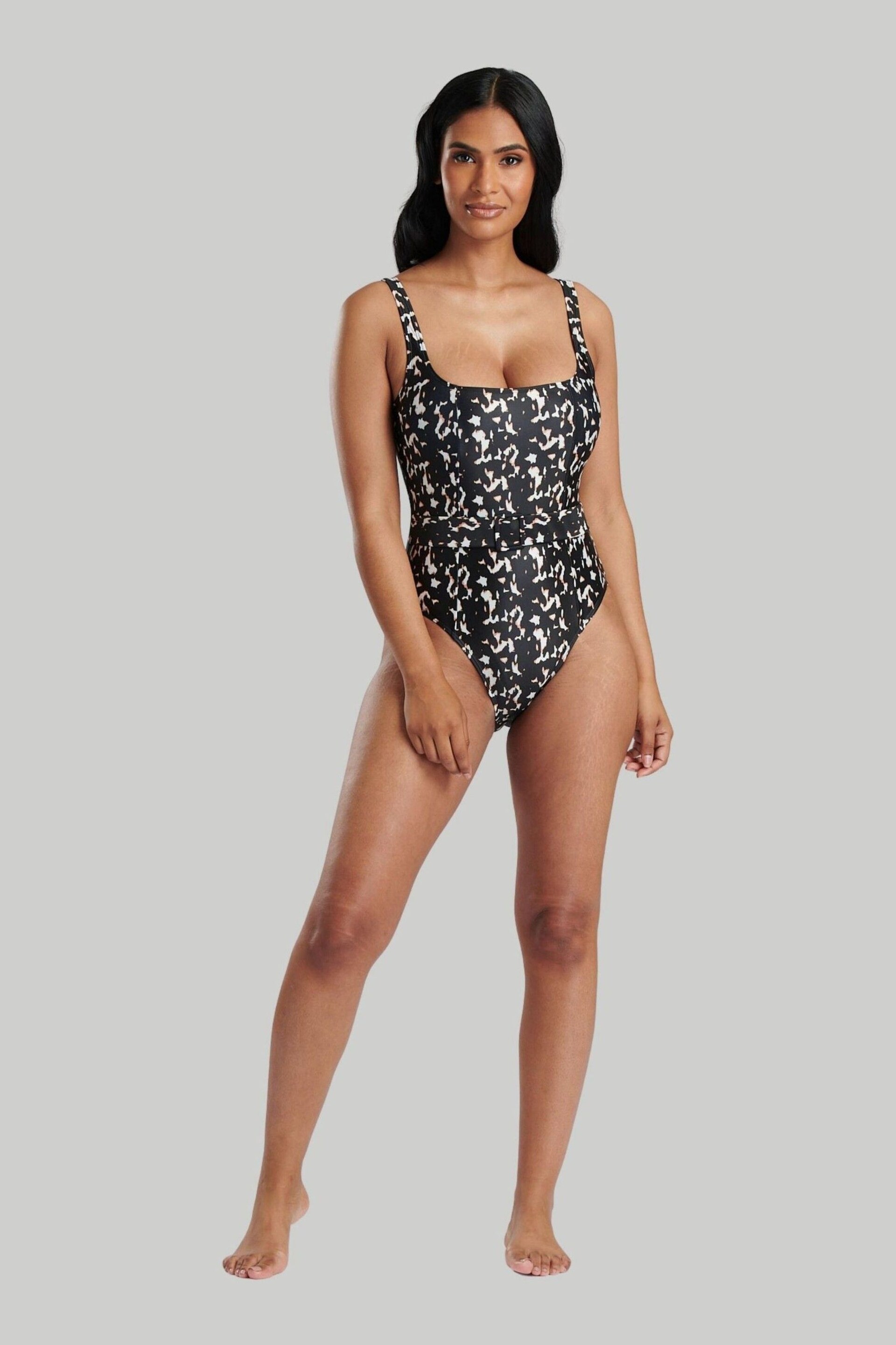 South Beach Black Animal Tummy Control  Swimsuit with Belt and Buckle - Image 4 of 6