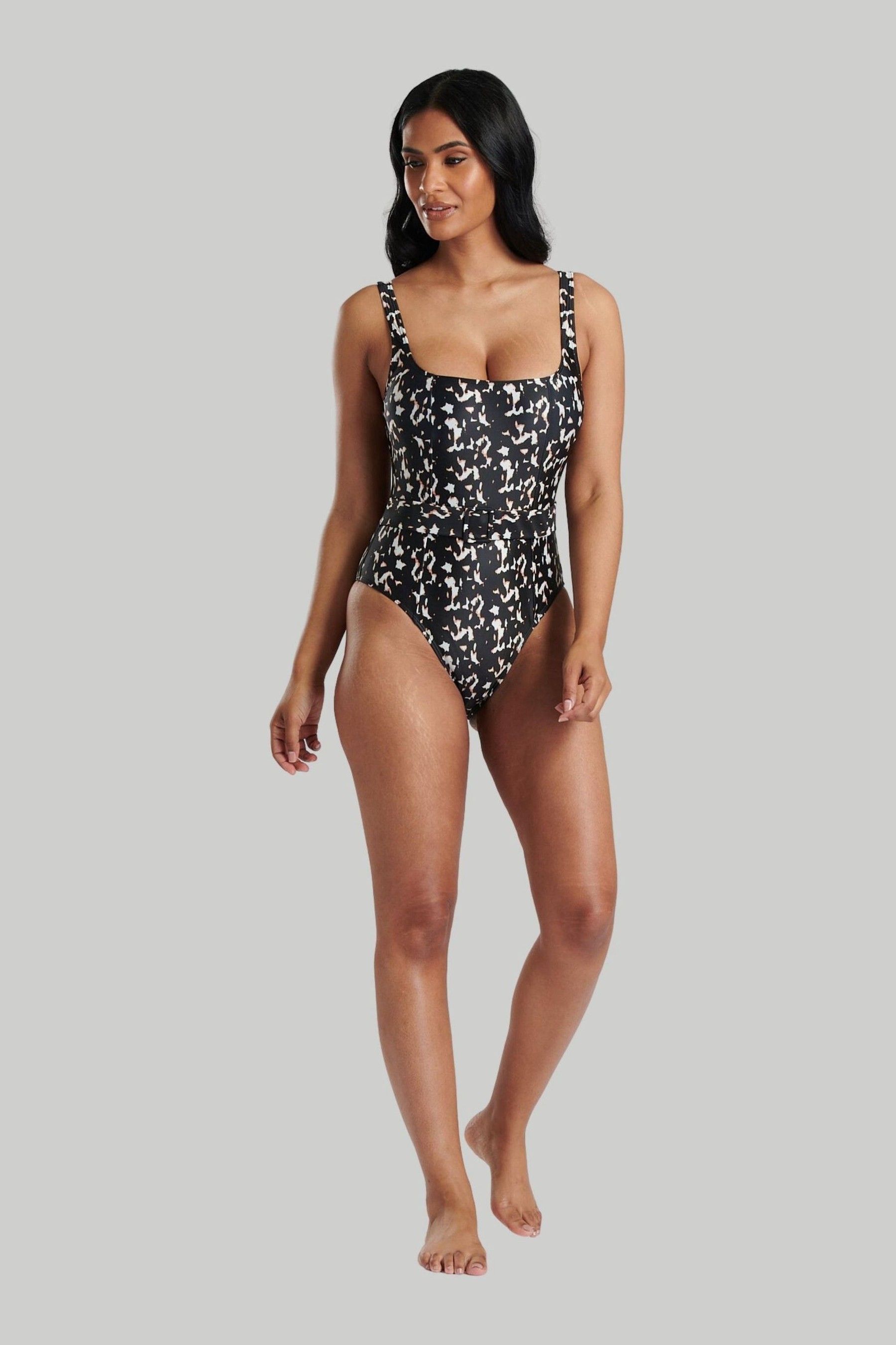 Buy South Beach Black Animal Tummy Control Swimsuit with Belt and