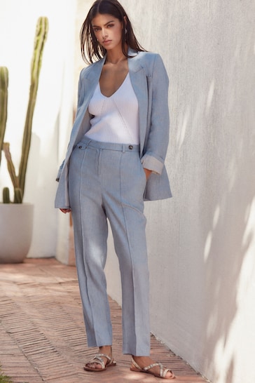 Blue Textured Linen Tapered Leg Trousers