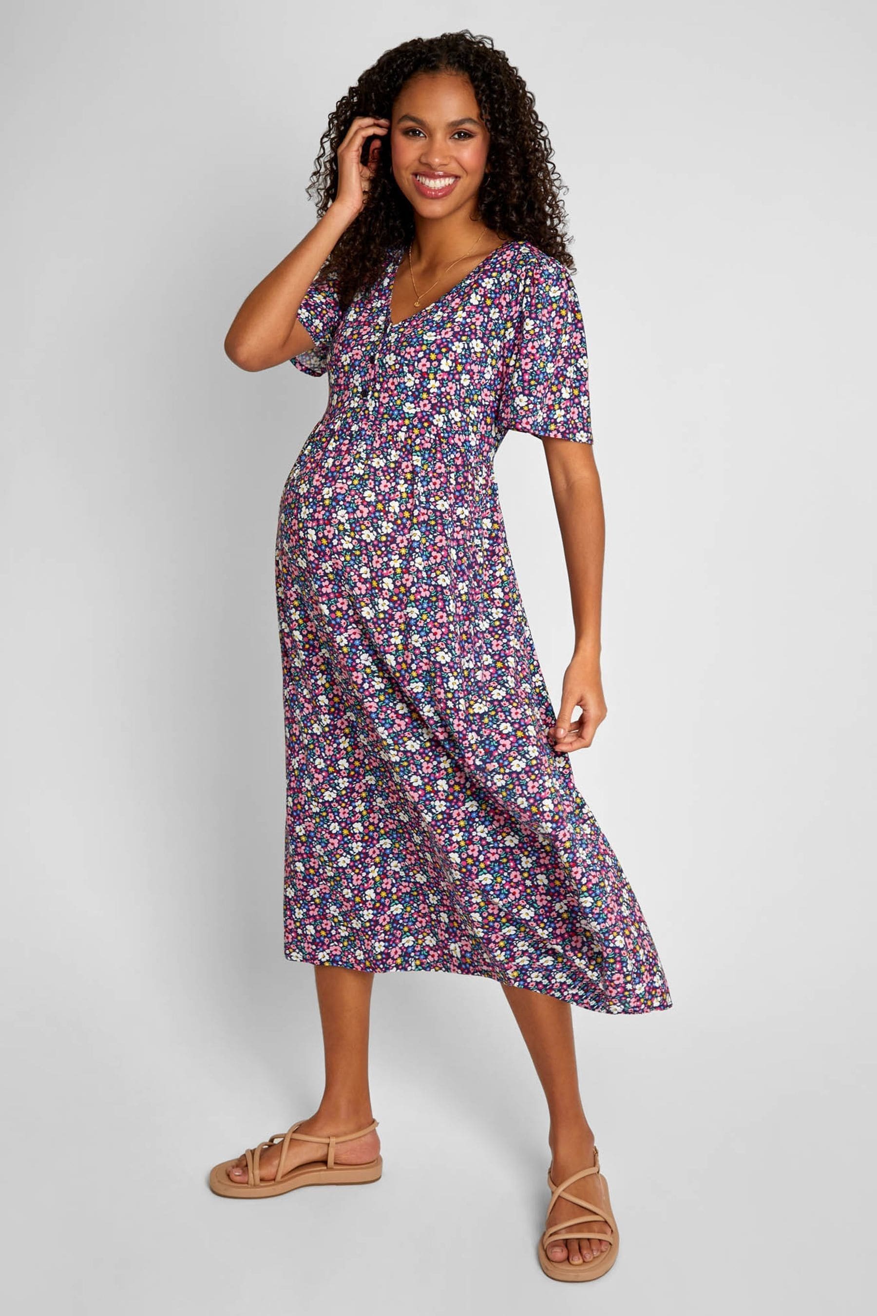 Buy JoJo Maman B b Pink Floral Print V Neck Maternity Midi Dress