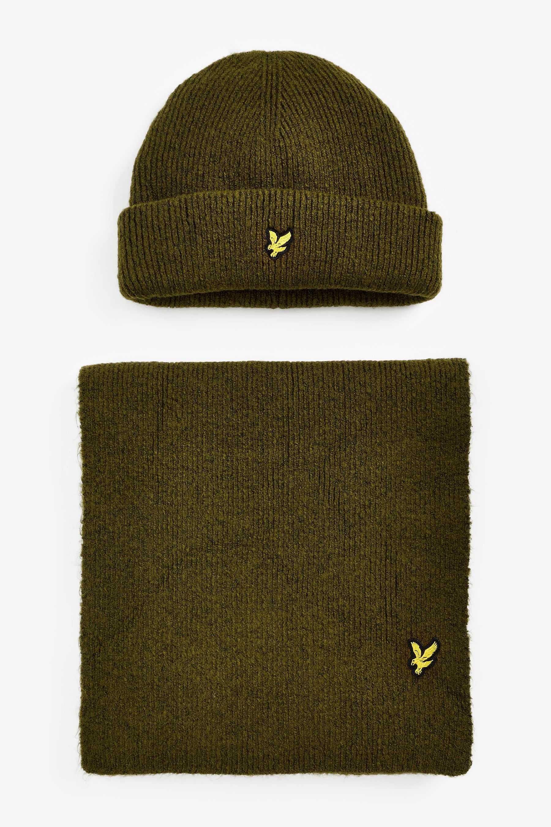 Buy Lyle Scott Olive Green Chunky Beanie Hat and Scarf Set from