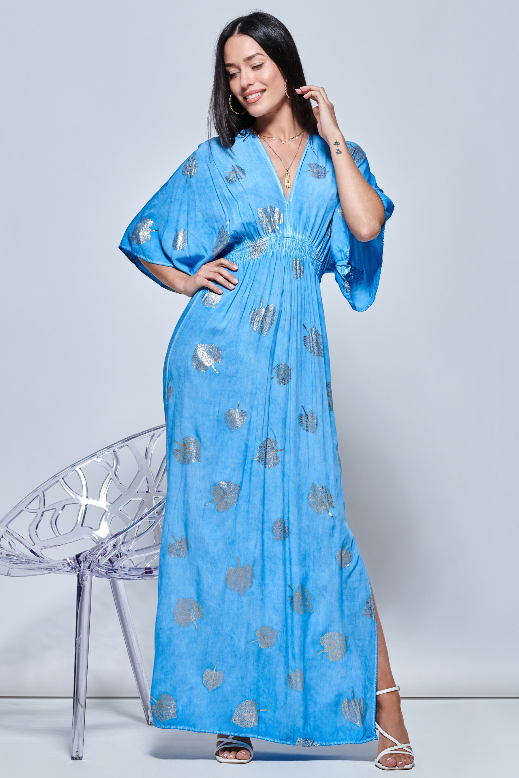 Buy Jolie Moi Blue Printed Kimono Sleeve Holiday Maxi Dress from Next Luxembourg