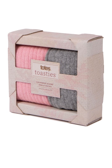 Totes Pink/Grey Ladies 2 Pack Cashmere Blend Ankle Socks