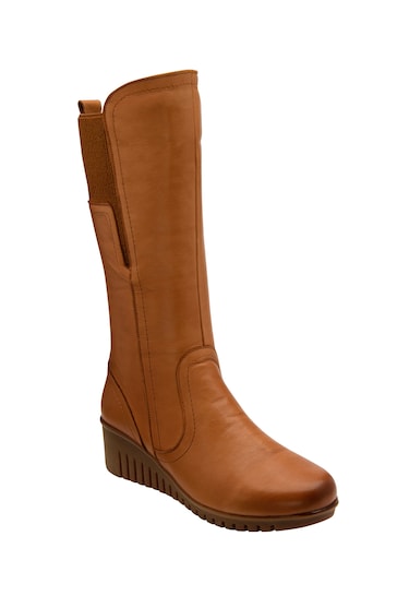 Lotus Brown Leather Wedge Knee-High Boots