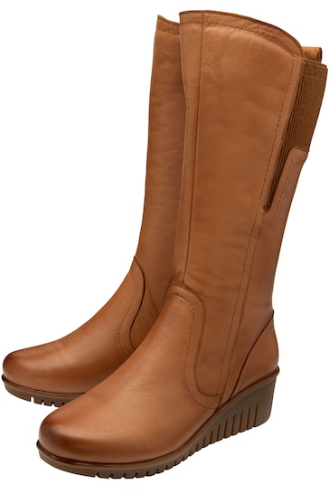 Lotus Brown Leather Wedge Knee-High Boots