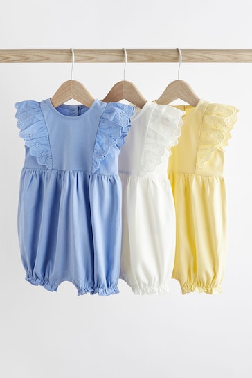 Blue/Yellow Broiderie Baby Rompers 3 Pack