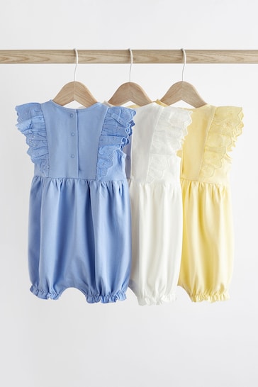 Blue/Yellow Broiderie Baby Rompers 3 Pack