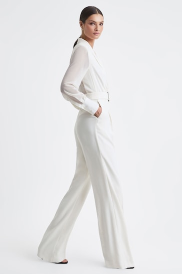 Buy Reiss Ivory Flora Sheer Belted Double Breasted Jumpsuit from the ...